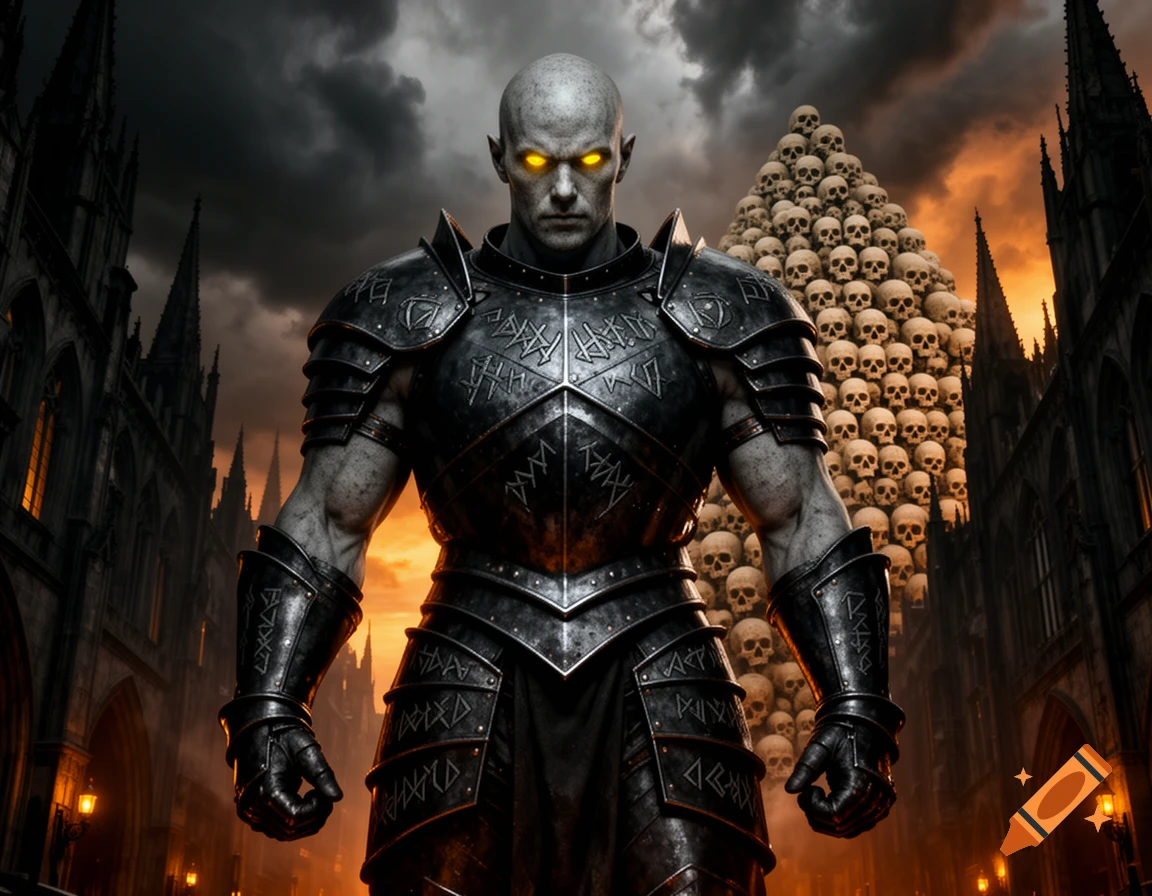 A bald warrior in black plate armor with glowing yellow eyes stands before a gothic cityscape and a large pyramid of skulls under a stormy sky.