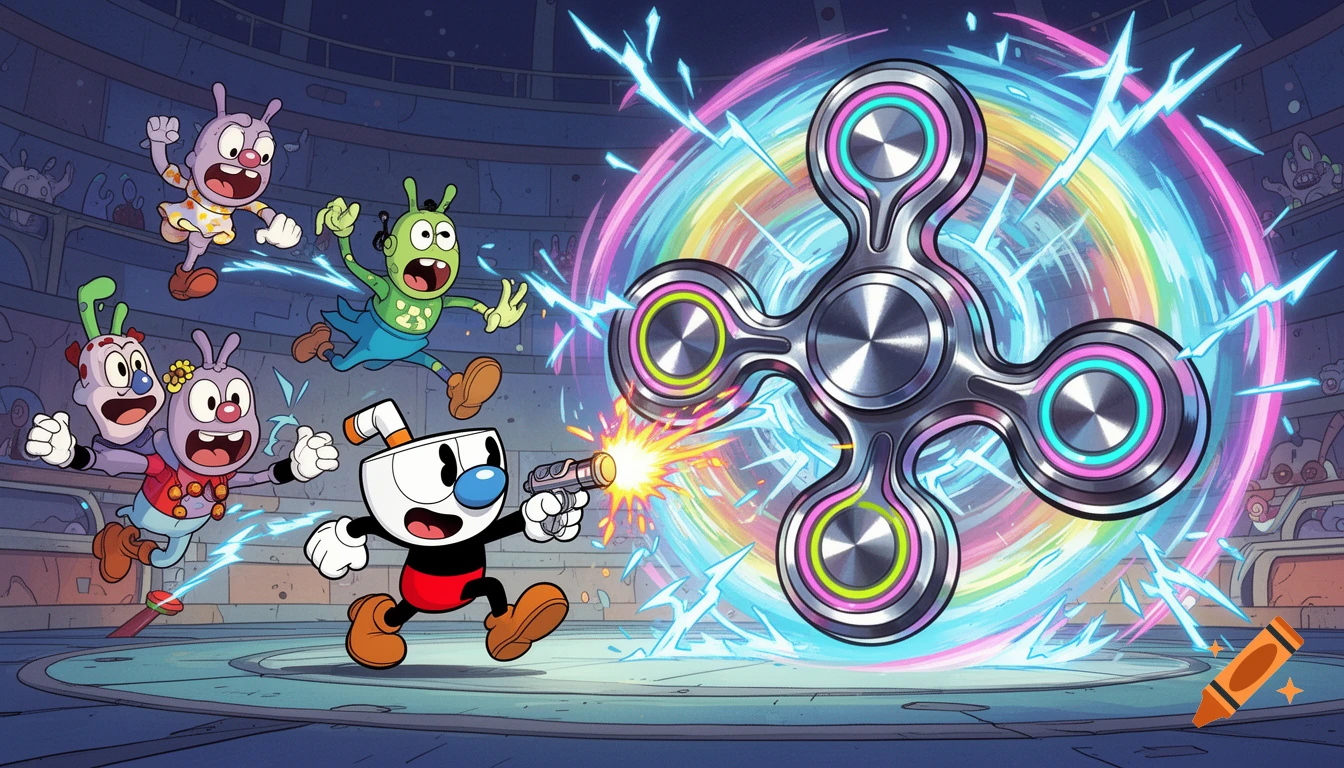 Cuphead shooting a giant, glowing fidget spinner in an arena as several colorful alien-like creatures react in fear, cartoon style.