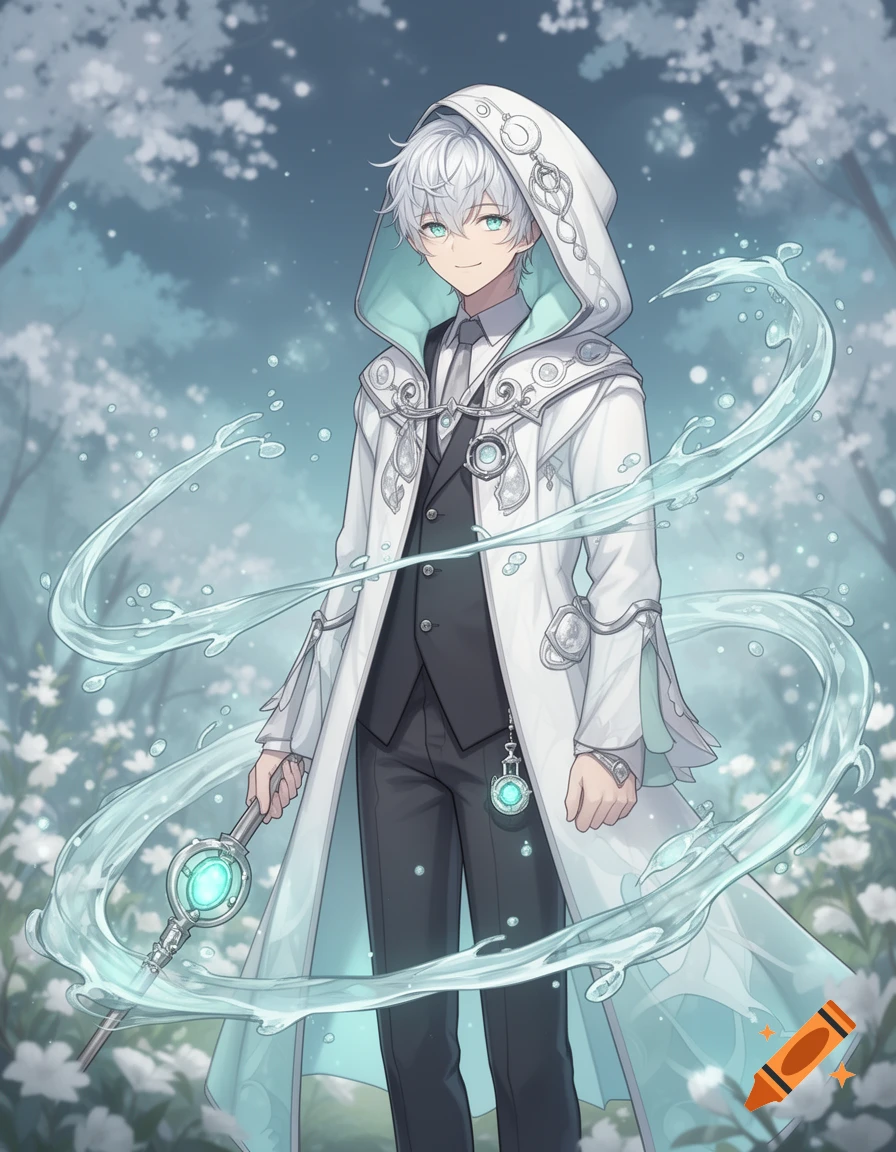 Anime illustration of a young male mage with silver hair and aqua eyes, wearing a white hooded robe, holding a glowing staff, surrounded by water magic in a flowery setting.