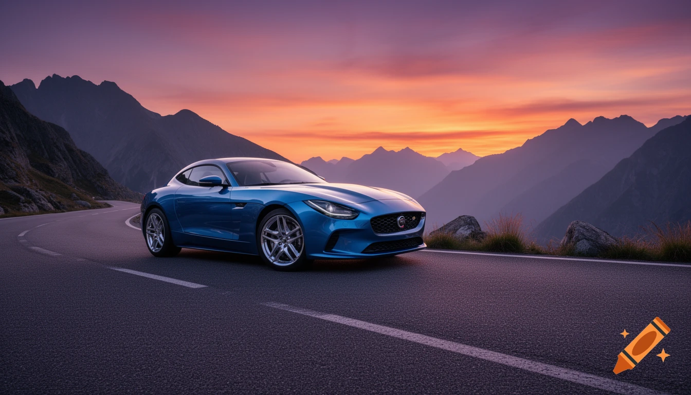 A blue sports car on a winding mountain road at sunset.