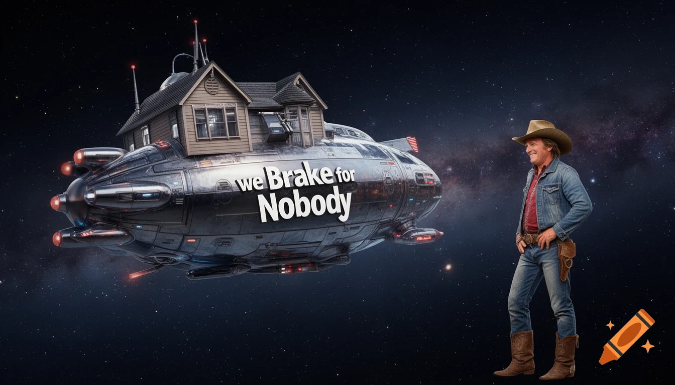 A smiling cowboy stands next to a spaceship with a house on top and 'we Brake for Nobody' text, in outer space.