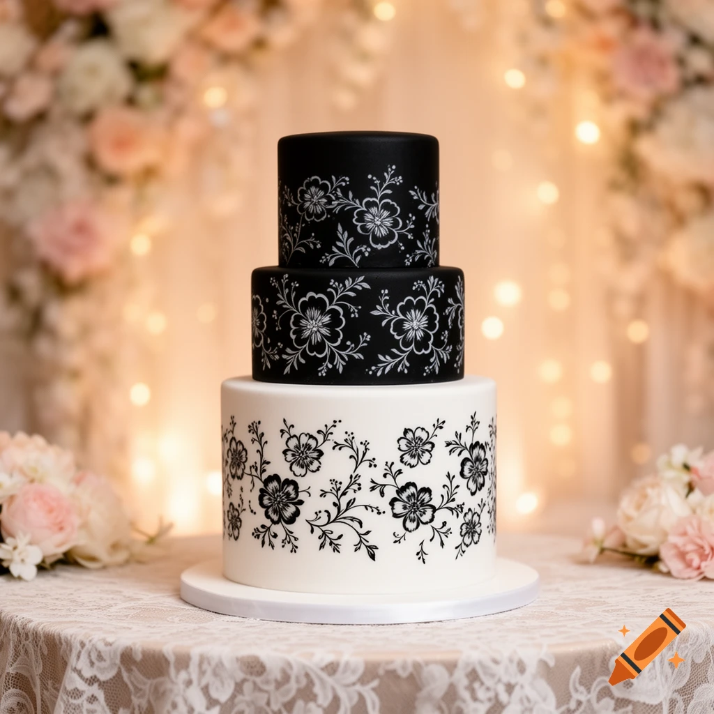 A beautiful three-tiered wedding cake with black and white floral patterns on a lace tablecloth against a soft, glowing floral background.