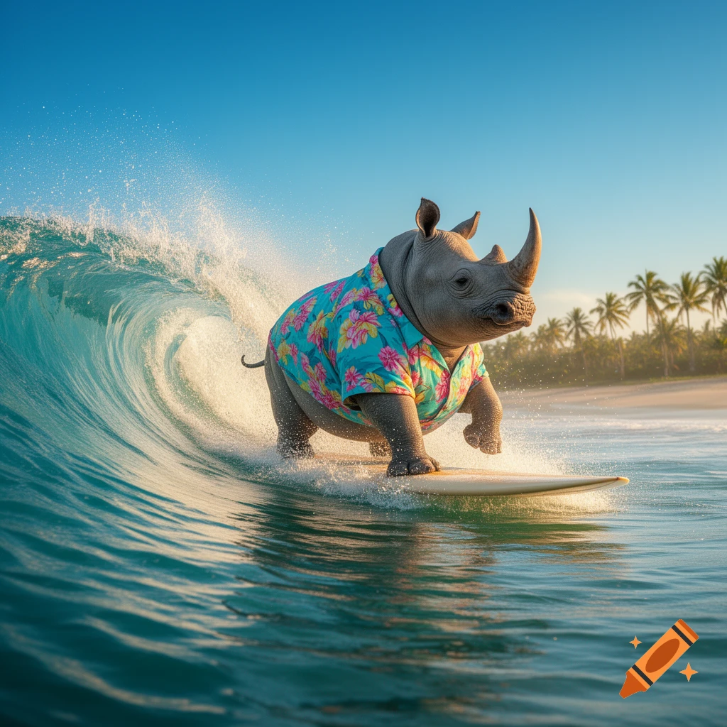 A photorealistic rhinoceros in a colorful Hawaiian shirt surfs a wave towards a tropical beach with palm trees under a blue sky.