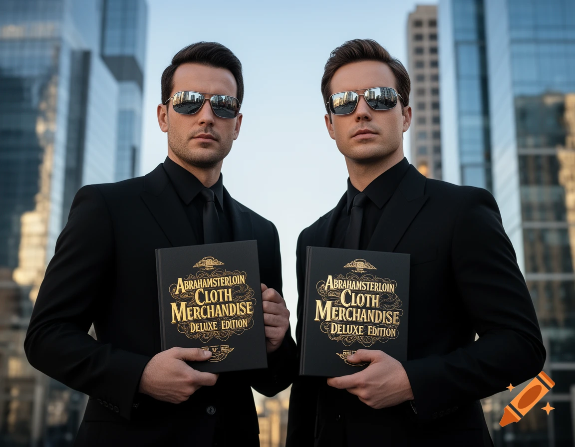 Two identical men in black suits and sunglasses hold books titled "Abrahamsterloin Cloth Merchandise Deluxe Edition" in an urban setting.