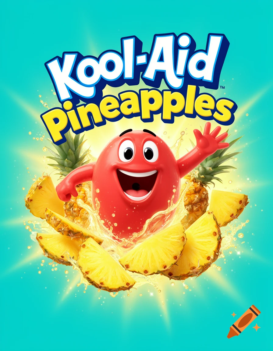 A vibrant red Kool-Aid Man character surrounded by pineapple slices and juice splashes, with the text 'Kool-Aid Pineapples' above.
