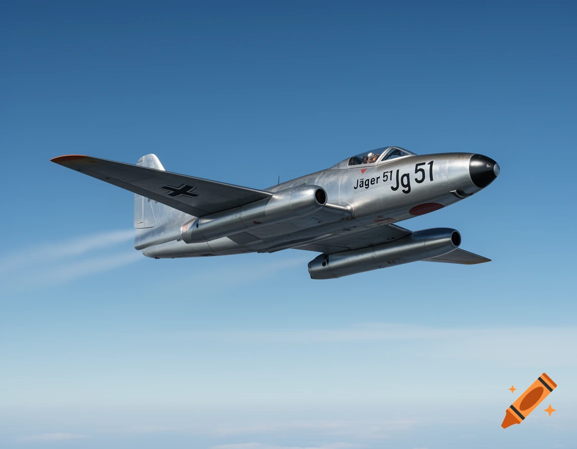 A sleek, silver twin-engine jet fighter with German and Japanese markings flies through a clear blue sky.
