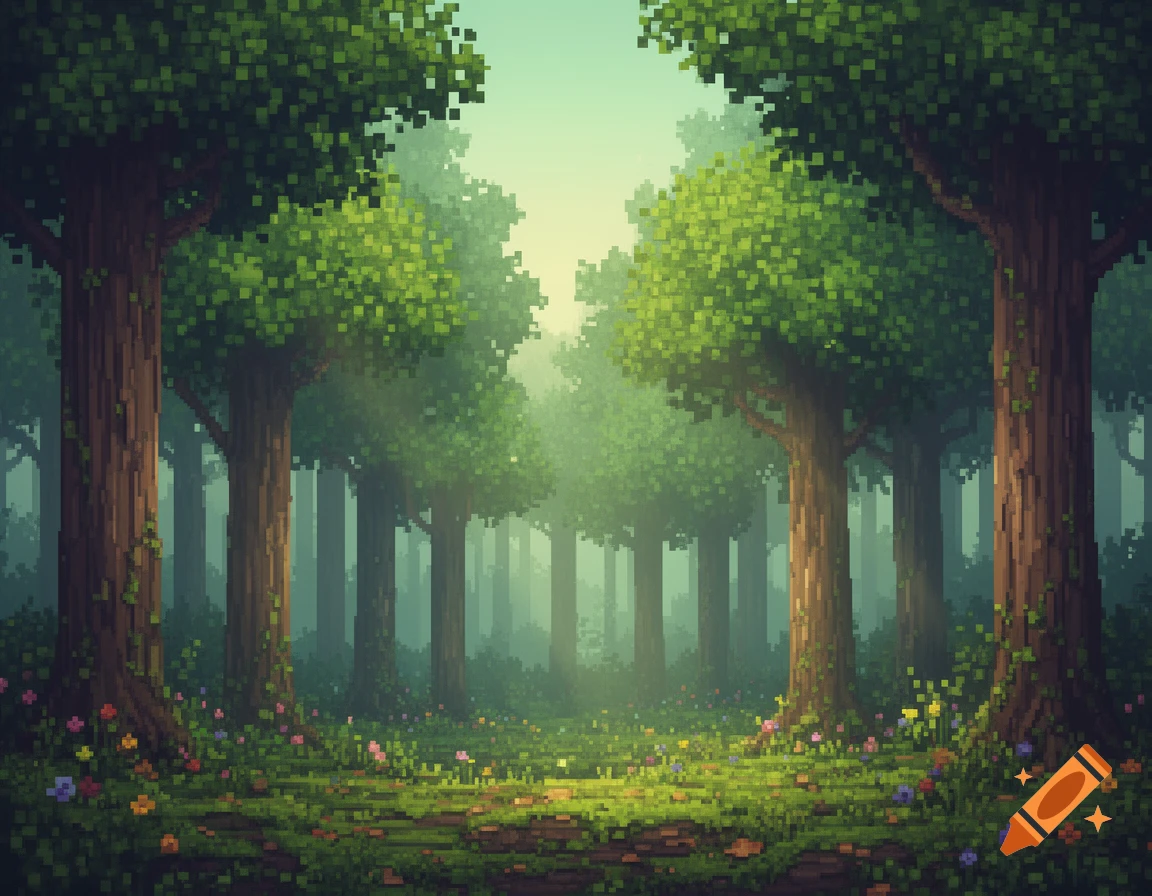 A pixel-art forest with tall green trees, a grassy ground, and colorful small flowers under a misty light.