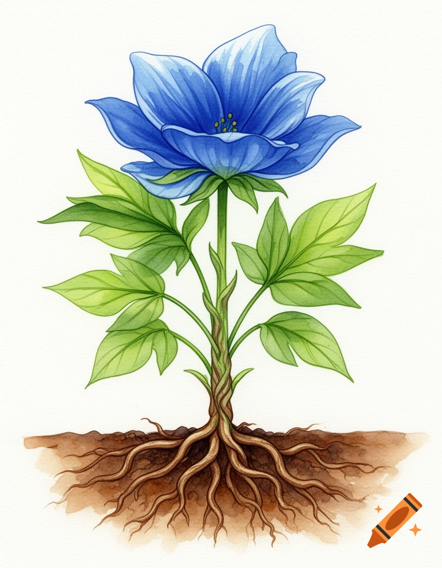 Watercolor illustration of a vibrant blue flower with green leaves, a braided stem, and exposed brown roots.