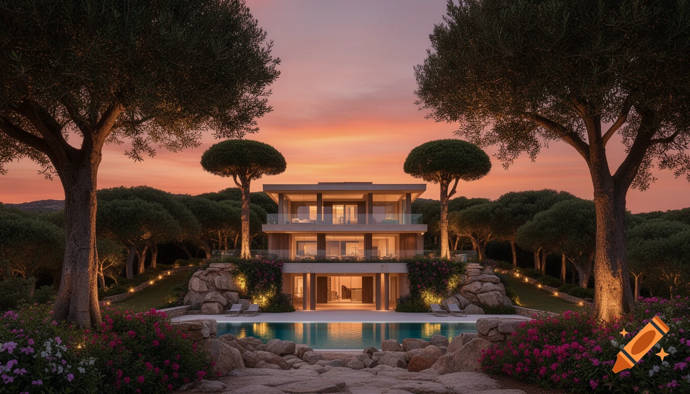 A modern luxury mansion with a swimming pool and lush landscaping at sunset. Trees flank the building and a warm, colorful sky.