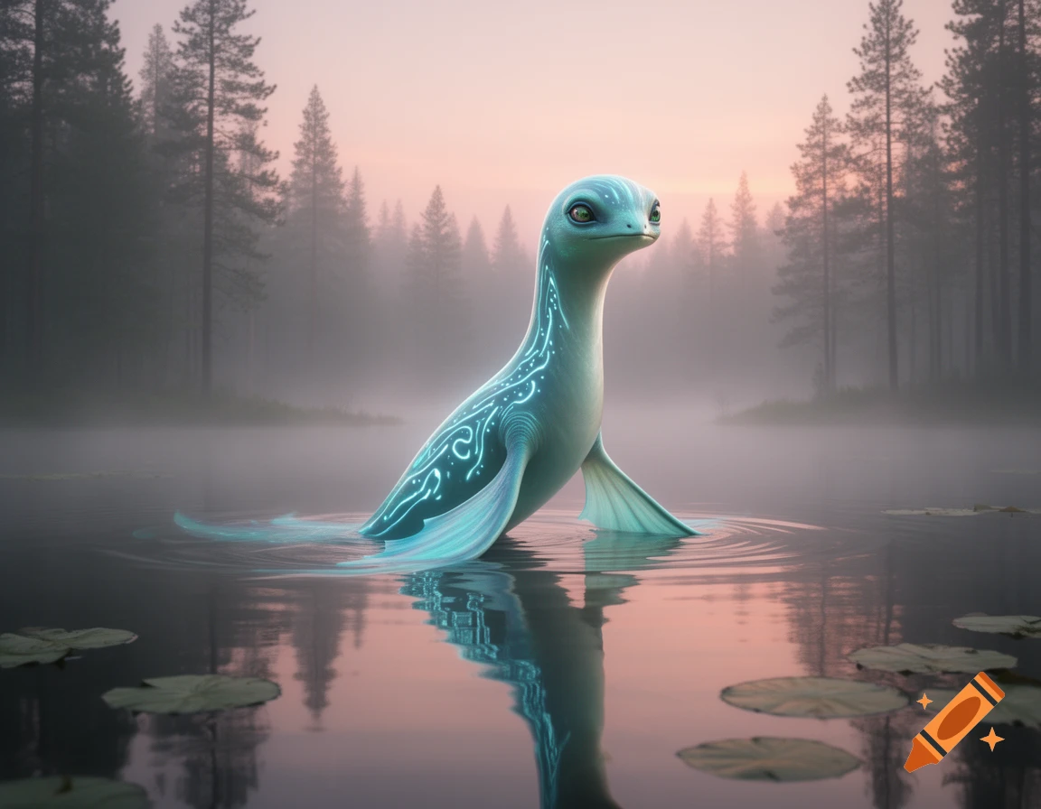 A glowing blue fantasy creature with green eyes emerges from a misty lake surrounded by a forest under a pink sky.