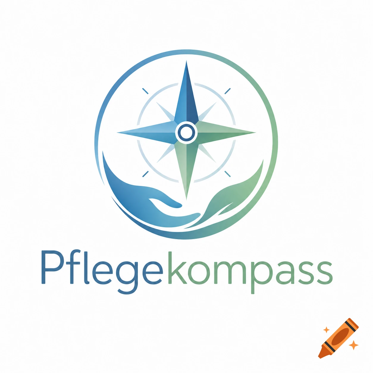 A logo featuring a compass rose within a circle, with blue hands cradling the left side and green leaves on the right. Below is the text 'Pflegekompass'.