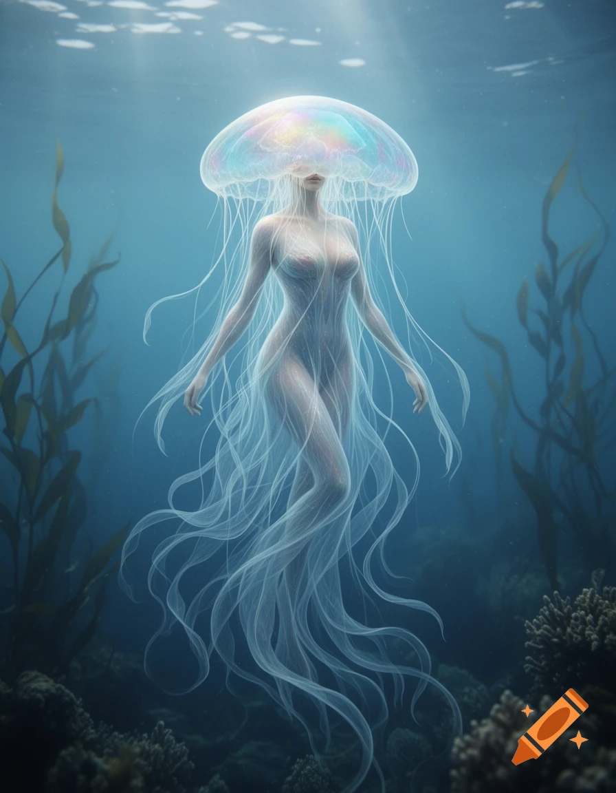Luminous, translucent human-jellyfish creature with flowing tentacles swims gracefully underwater amidst seaweed and coral.