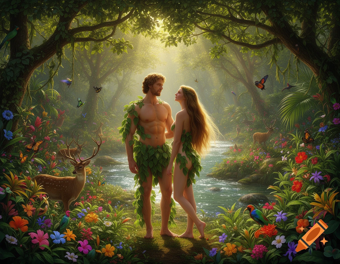 Adam and Eve, covered in leaves, stand by a flowing river in a vibrant, sunlit Garden of Eden, surrounded by lush flowers, deer, birds, and butterflies in a photorealistic style.