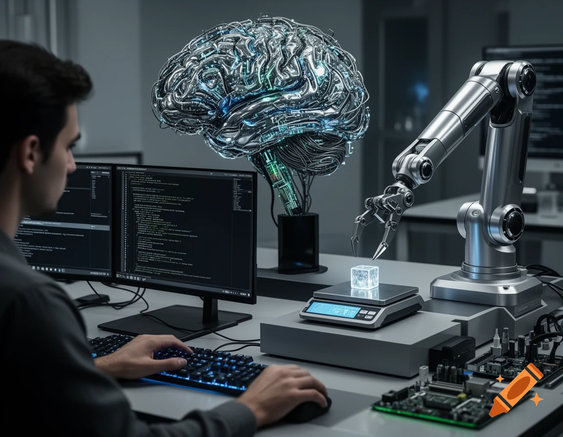 A man programs a computer next to a metallic robotic brain and a robotic arm placing a glowing cube on a scale in a futuristic lab.