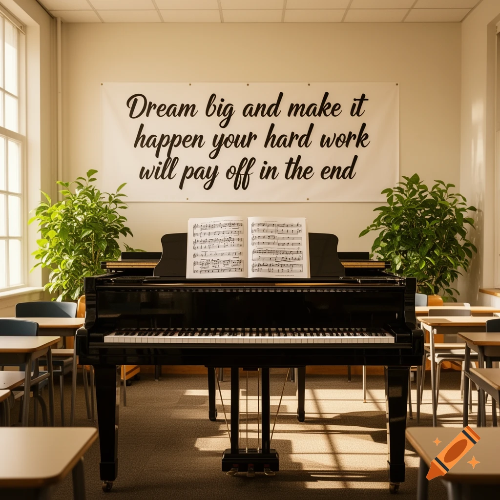 A classroom with a black grand piano centered, sheet music open on its stand, and a motivational banner on the back wall reads, "Dream big and make it happen your hard work will pay off in the end."