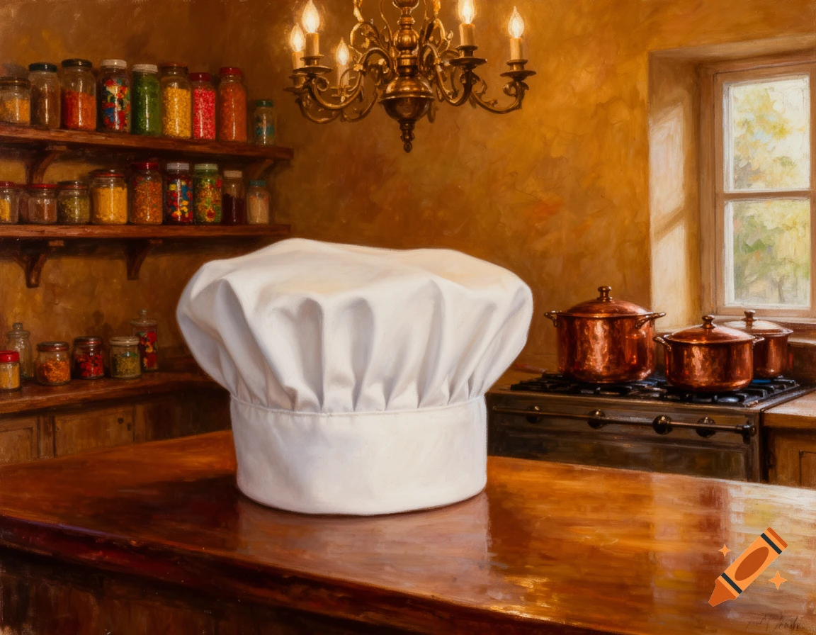 A white chef's hat on a wooden counter in a rustic kitchen with spice jars and copper pots, in an oil painting style.