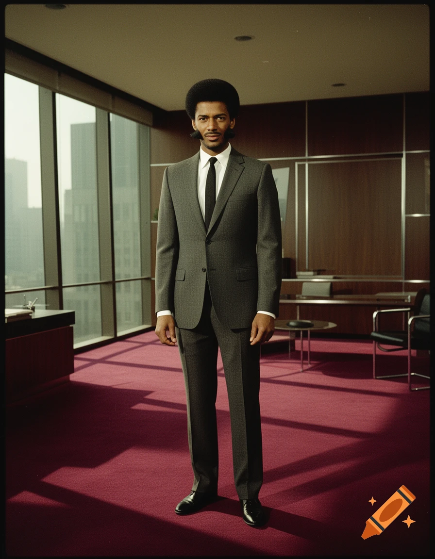 A man in a gray suit and afro stands in a vintage office with a red carpet and city views.