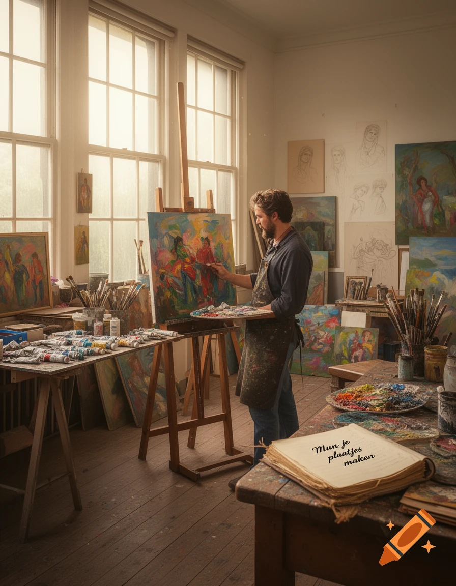 An artist in an apron paints a colorful canvas on an easel in a sunlit art studio, surrounded by supplies and other artworks.