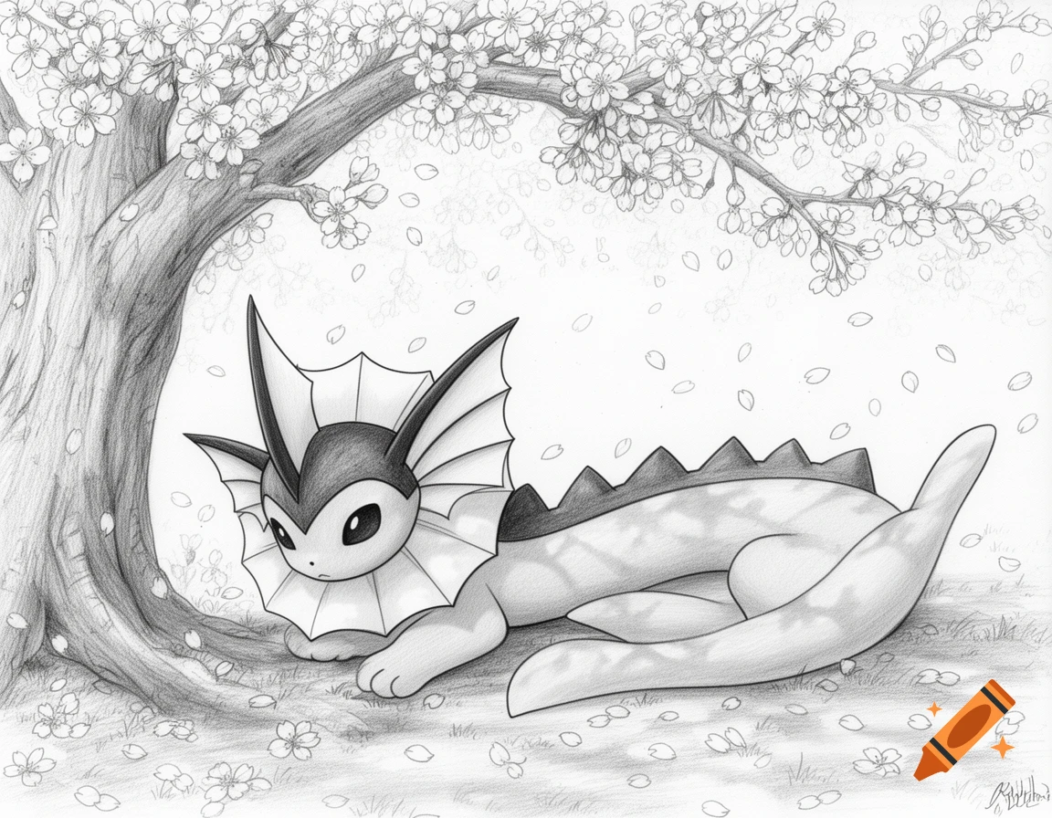 Pencil sketch of Vaporeon lying under a cherry blossom tree with petals falling.