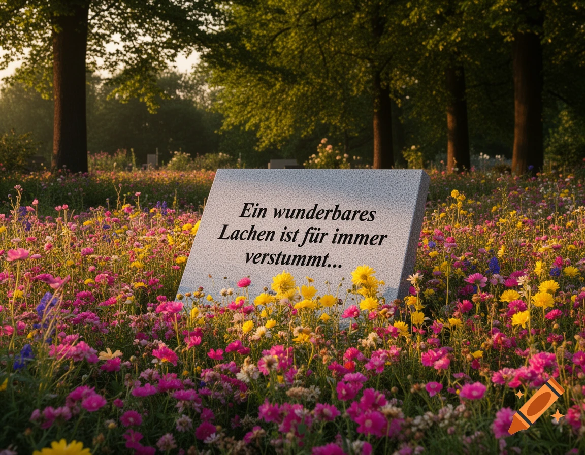 A gray grave marker with German text stands in a vibrant field of pink and yellow wildflowers, with trees in the background.