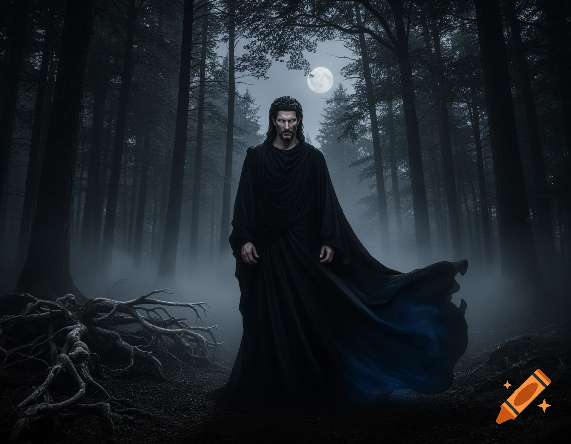 A brooding man with dark hair and blue eyes, wearing a black flowing robe, stands in a misty, moonlit forest with gnarled roots.