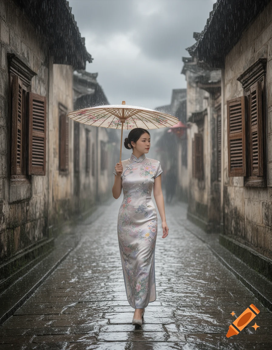 A young woman in a traditional floral cheongsam walks down a narrow, rainy ancient alley, holding an ornate oil-paper umbrella.