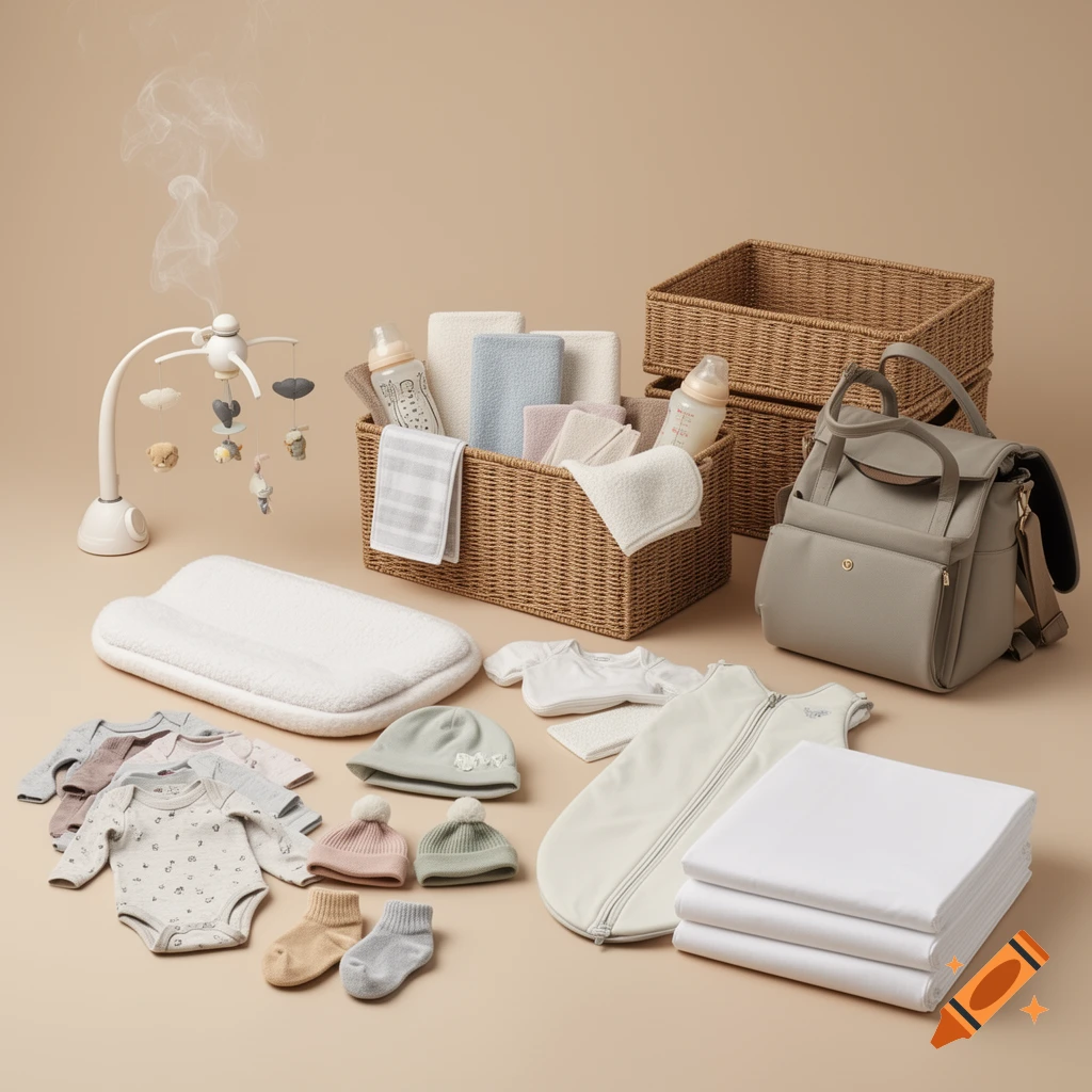 A flat lay of neutral-toned baby essentials including clothing, blankets, bottles, a diaper bag, a changing pad, and storage baskets.