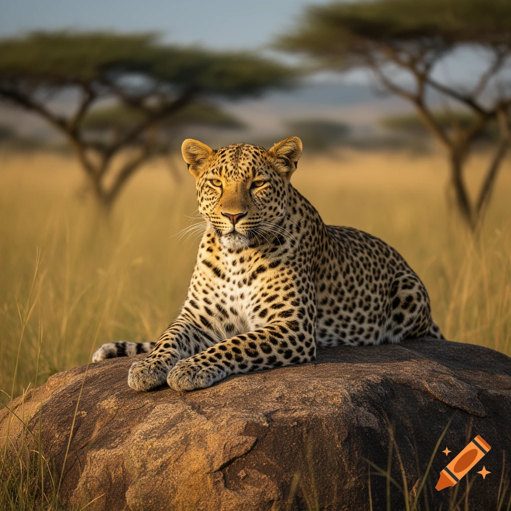 A photorealistic leopard with golden eyes lies on a sunlit rock in a savanna with acacia trees in the background.