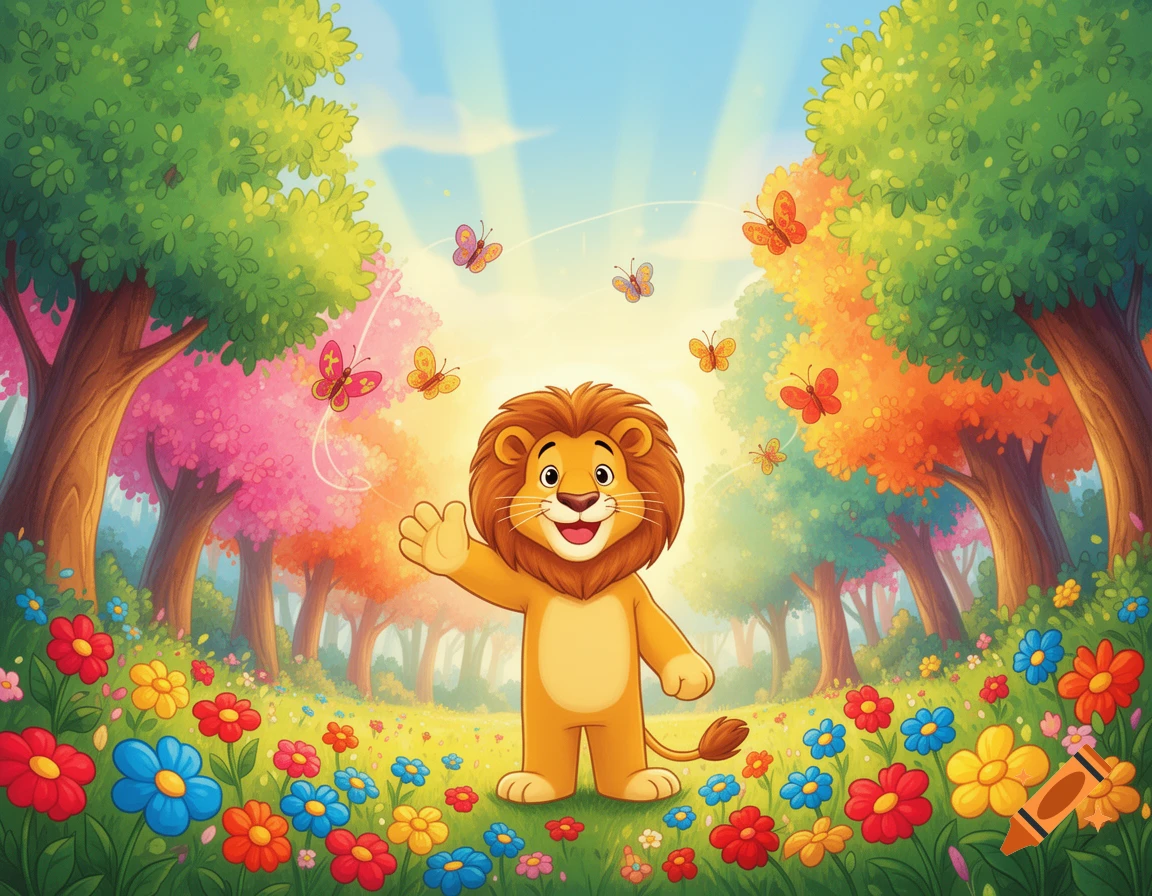 A smiling cartoon lion waves in a vibrant forest meadow with colorful flowers and butterflies, in a children's book style.