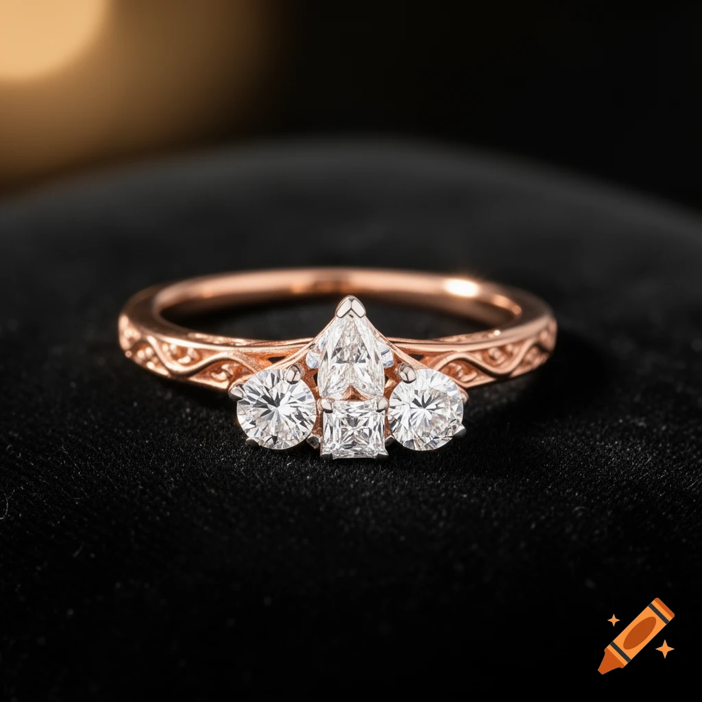 A close-up of a rose gold engagement ring with a cluster of diamonds, including pear, round, and princess cuts, on an intricately carved band.