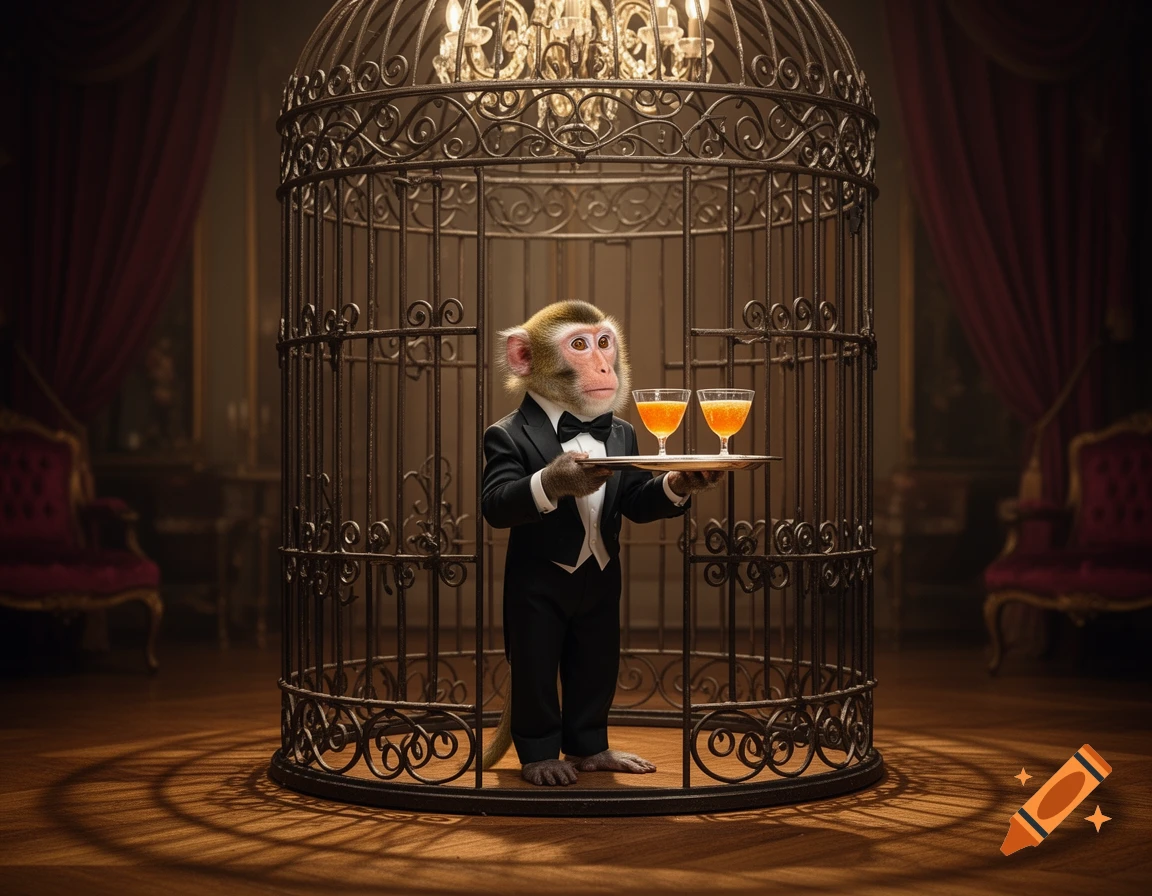 A photorealistic monkey butler in a tuxedo stands inside a large ornate cage, holding a silver tray with two orange drinks.