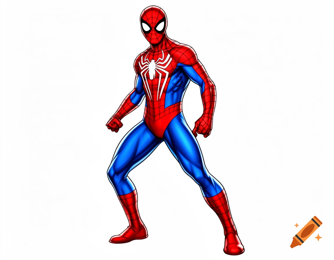 Spider-Man in a red and blue suit with a white spider emblem, standing in a dynamic pose. Comic book illustration.