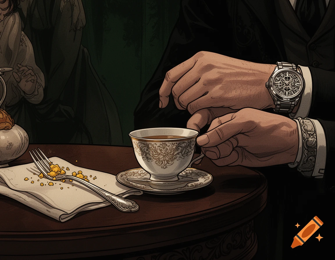Graphic novel style art of a person's hands at a dark Victorian tea table. One hand holds a teacup, the other wears a wristwatch. A fork with crumbs is on a napkin.