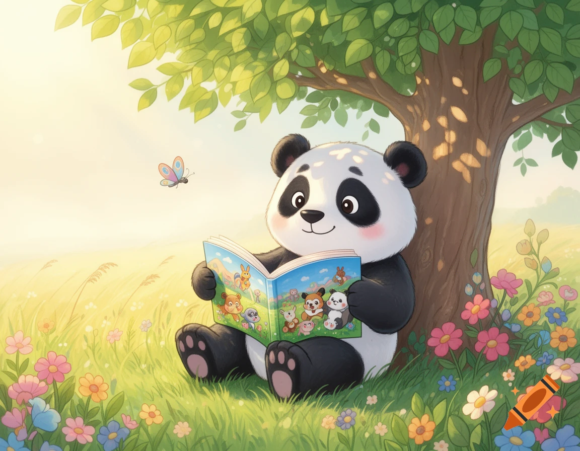 Cute cartoon panda sitting under a tree in a sunny meadow, reading a book, with a butterfly nearby.