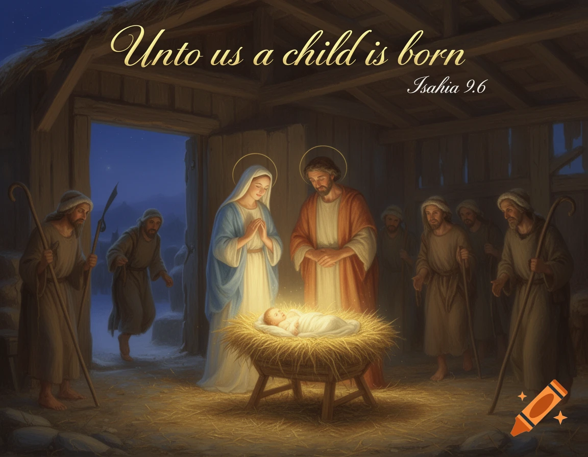 A classical painting of the Nativity scene. Mary and Joseph gaze at a glowing baby Jesus in a manger, surrounded by shepherds. Text: "Unto us a child is born Isahia 9.6".