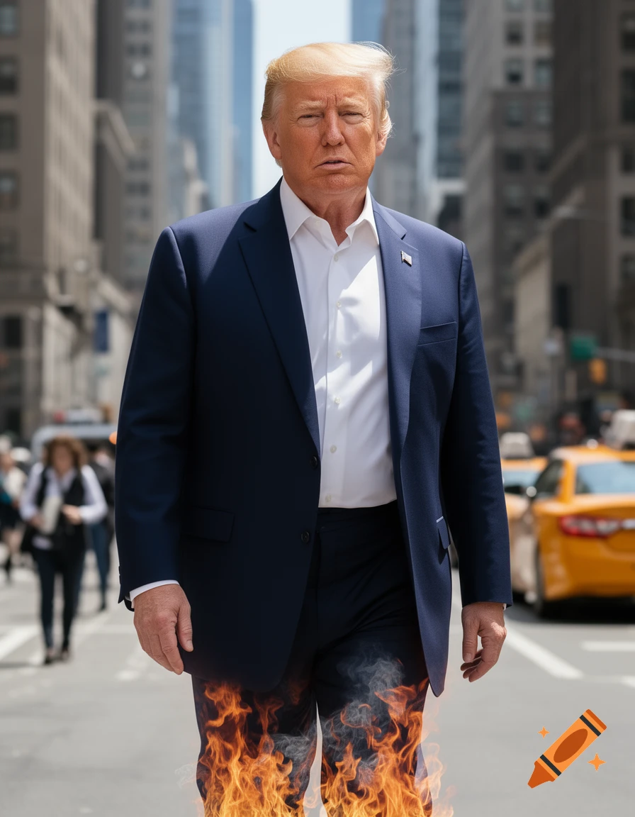 Donald Trump walking on a city street with his pants on fire, photorealistic.