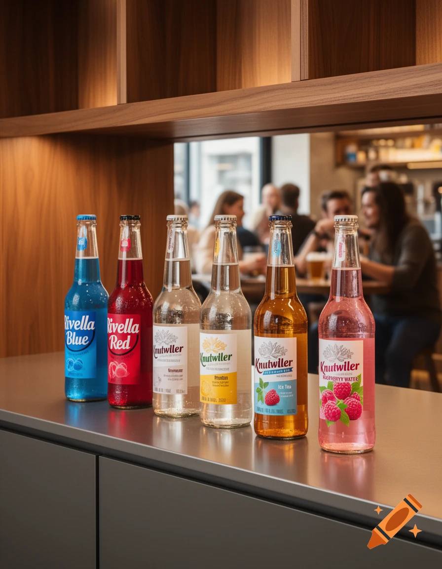 Six bottles of soda, including Rivella Blue, Rivella Red, and Knutwiler varieties, stand on a counter in a modern setting with blurred people in the background.