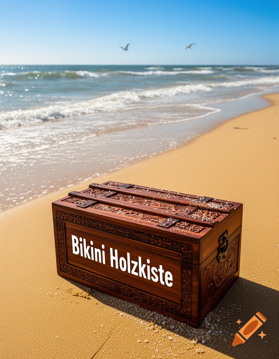 A wooden box with "Bikini Holzkiste" written on it rests on a sandy beach next to the ocean under a clear sky.