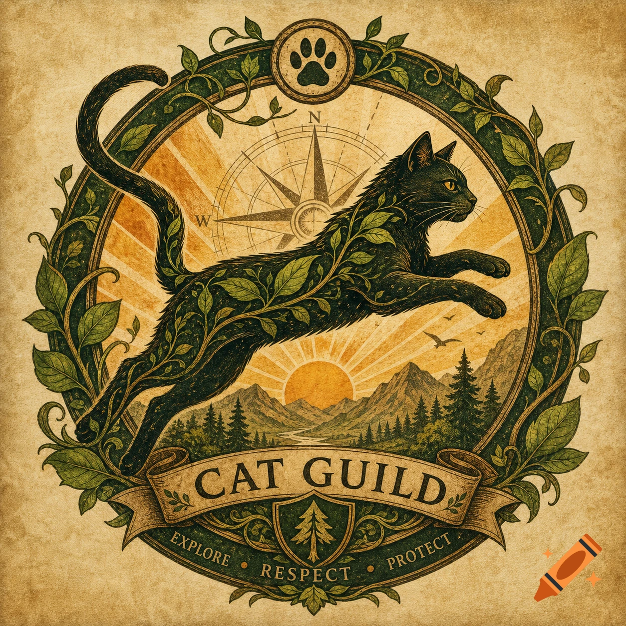 A vintage-style emblem for a 'Cat Guild' featuring a cat made of leaves, a compass, mountains, and text 'EXPLORE RESPECT PROTECT' in a circular frame.