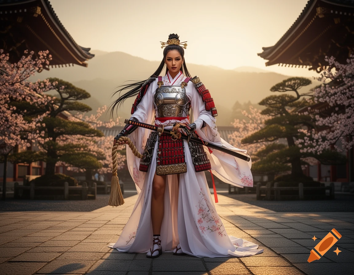 A female warrior in samurai and miko armor holds a sword and rope in a Japanese temple courtyard with cherry blossoms at sunset.