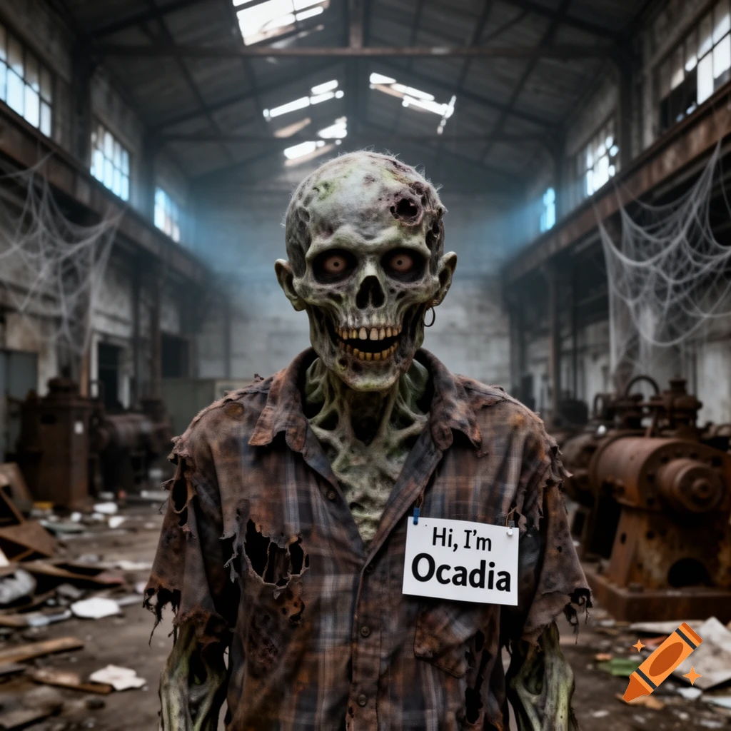 A creepy zombie wearing a tattered plaid shirt and a nametag that reads "Hi, I'm Ocadia" stands in a dusty, abandoned industrial building filled with old machinery and spiderwebs.