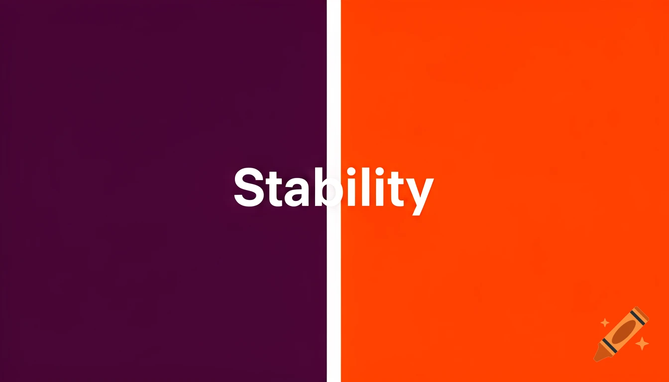 A title card featuring the word "Stability" in white, centered over a vertical split background of deep purple and bright orange, separated by a thin white line.