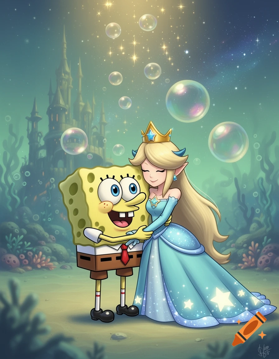 Spongebob Squarepants and Princess Rosalina embrace underwater with a castle, bubbles, and stars in an anime style.