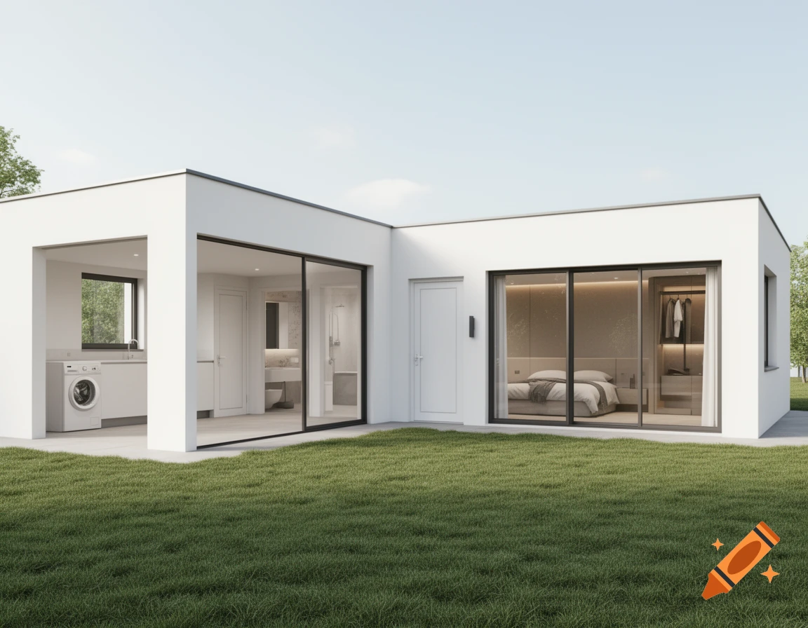 Photorealistic L-shaped modern white house with glass doors, showing a laundry, bathroom, bedroom, and green lawn.