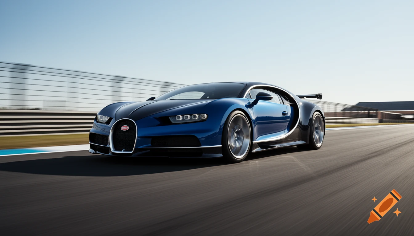 A blue and black Bugatti Chiron hypercar speeds down a racetrack, captured with a photorealistic, dynamic motion blur effect.