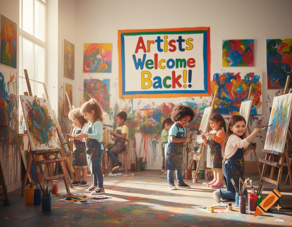 Happy children in paint-splattered overalls paint on easels in a bright art studio with a "Artists Welcome Back!!" sign.