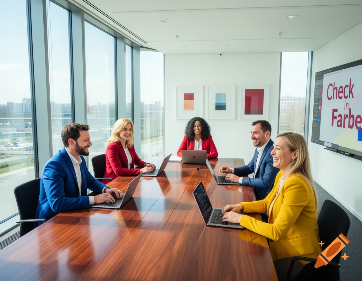 Five business professionals at a long wooden table in a modern conference room, working on laptops with a screen displaying 'Check in Farbe'.