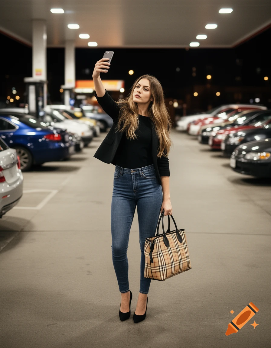A woman in jeans, a black top, blazer, and heels takes a selfie in a gas station parking lot at night, holding a plaid handbag.