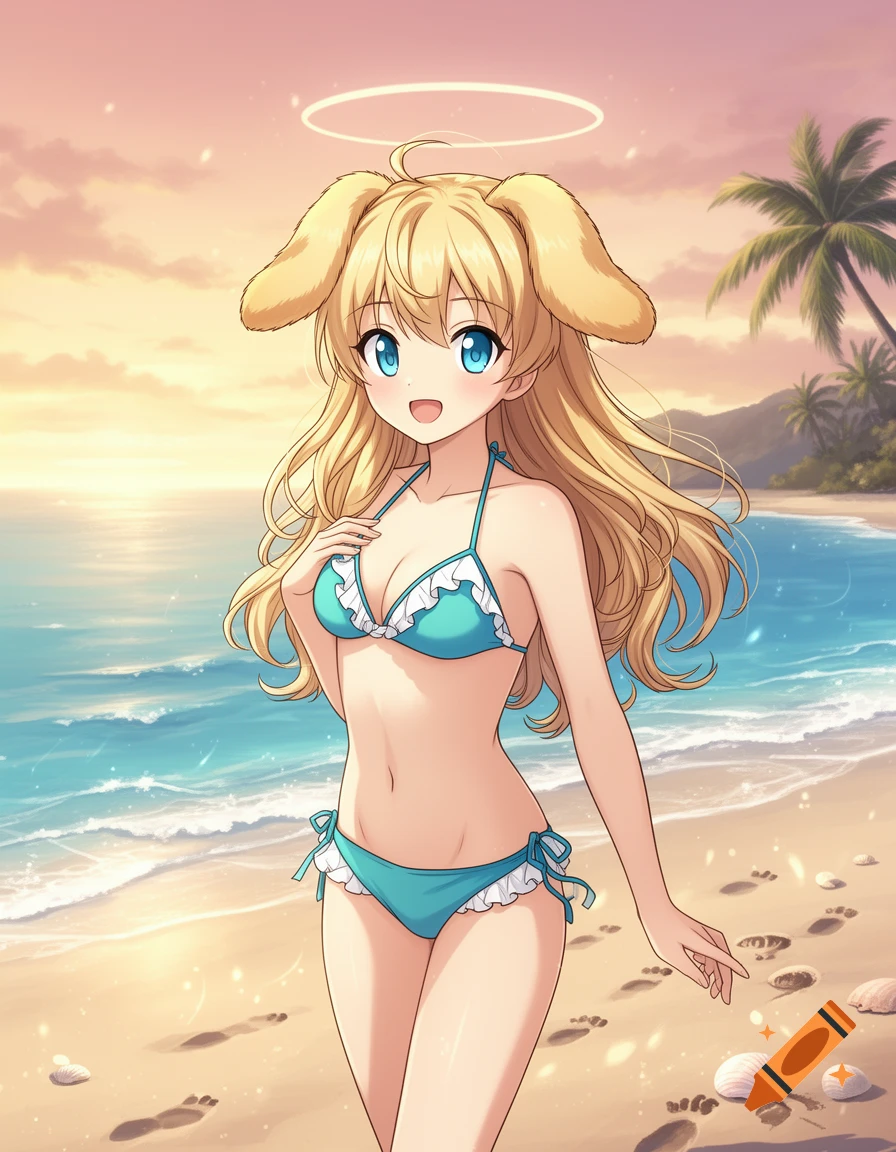 An anime girl with blonde hair, puppy ears, and a halo stands smiling in a turquoise bikini on a sandy beach at sunset.