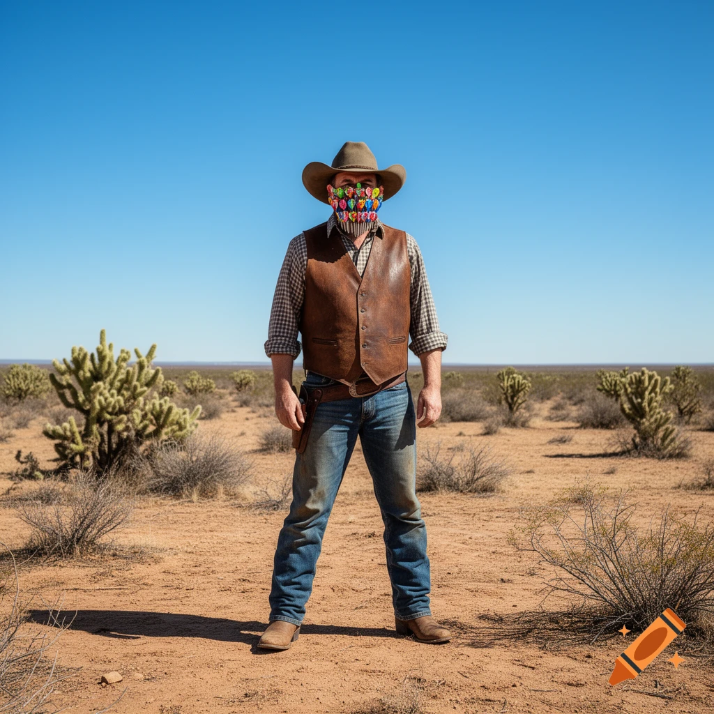 A photorealistic image of a cowboy wearing a mask made of colorful dart flights in a desert landscape.